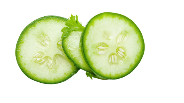 Fresh cucumber slices, vibrant green texture, perfect for salads or garnishes, ideal for healthy eating themes. Isolated on white background or PNG