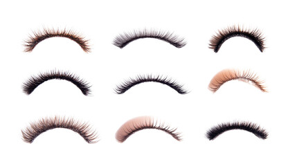 Variety of eyebrow shapes, assorted eyebrow arches in different styles, beauty showcase for makeup enthusiasts, copy-space for text. Isolated on white background or PNG