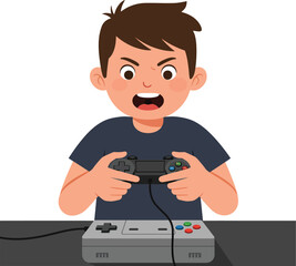 Boy playing video game with intense expression in flat vector illustration