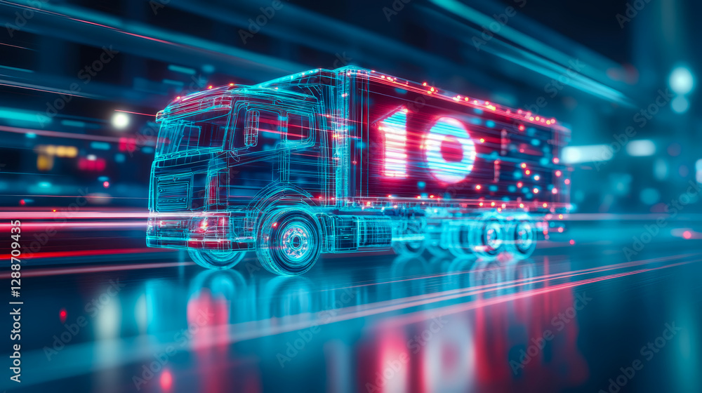 Poster conceptual future of delivery: a digital rendition of a transport vehicle with illuminated number, s