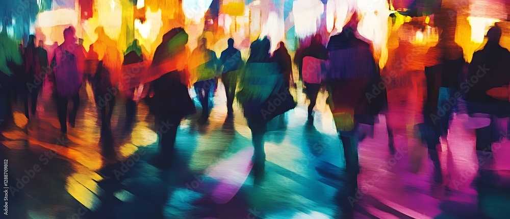 Aufkleber Vibrant nighttime cityscape with a crowd of people silhouetted in motion blurred against a backdrop of colorful lights and a lively atmospheric urban setting  The dynamic
