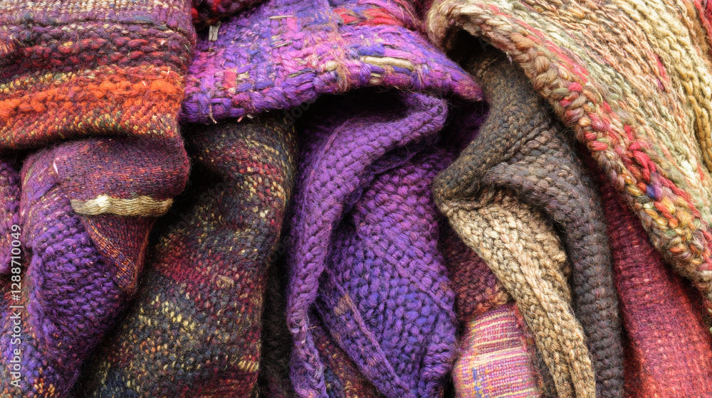 Poster a vibrant collection of textured fabrics in rich colors, showcasing various patterns and weaves, per