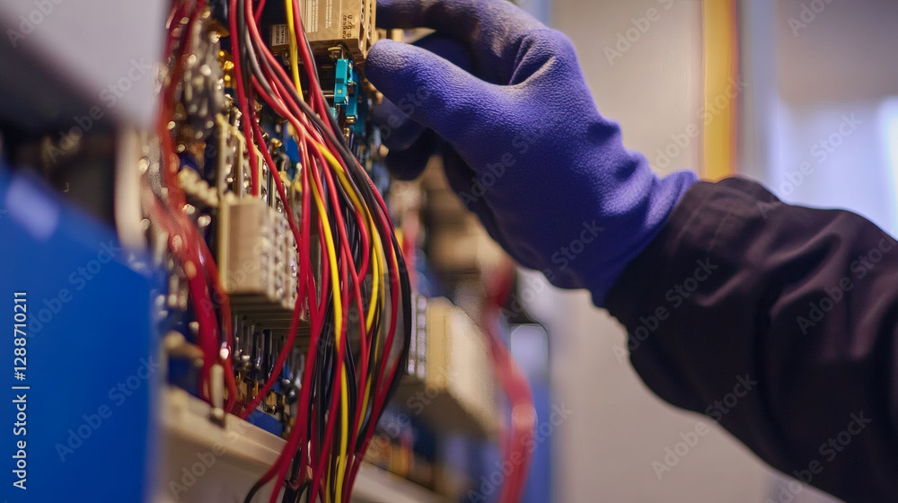 Poster a technician in gloves adjusts colorful wires on a control panel, showcasing electrical components a