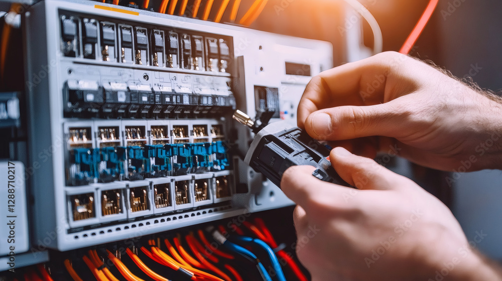 Aufkleber A technician works on an electrical panel, connecting wires and ensuring proper functioning of circuits within a control box