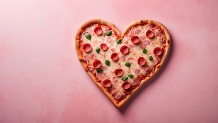 Delicious pizza in the shape of a heart with a textured pink surface. Delicious Valentine's Day concept with copy space.