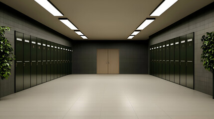 Long Dark Corridor with Green Metal Doors and Concrete Walls