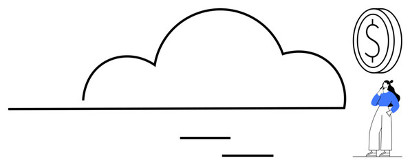 Cloud shape, dollar sign, woman pondering in blue top and white pants. Ideal for fintech, cloud computing, cost analysis, future thinking, economic planning, innovation strategies abstract concepts
