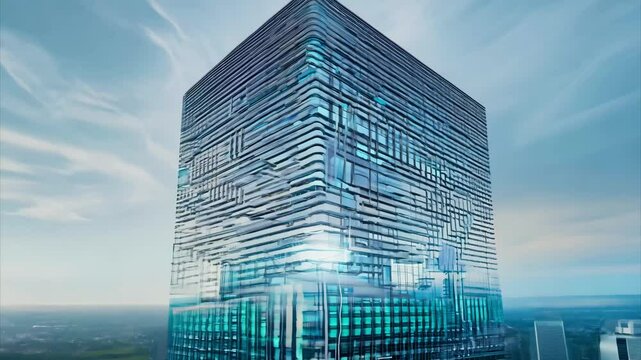 A digital representation of a futuristic city skyline with neon-lit skyscrapers and holographic data flows, depicting advanced technology.
