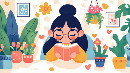 Naklejka premium Cozy Indoor Reading Nook: Depicting a Woman Enjoying a Book Amidst Flowers & Plants