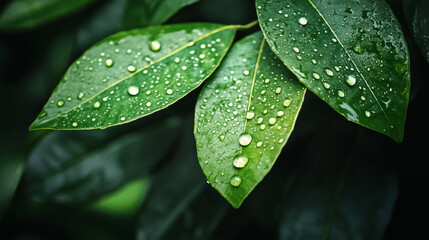 Fototapeta premium Close-up of green leaves adorned with water droplets, showcasing nature's beauty and freshness after rainfall
