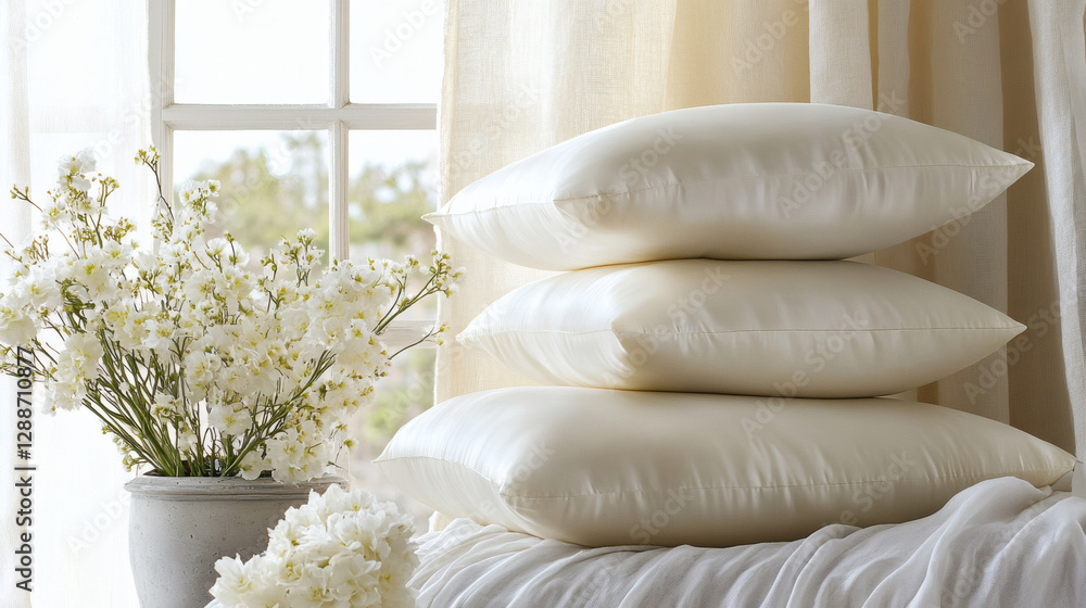 Poster A serene arrangement of soft white pillows and delicate flowers by a window, creating a tranquil and inviting atmosphere