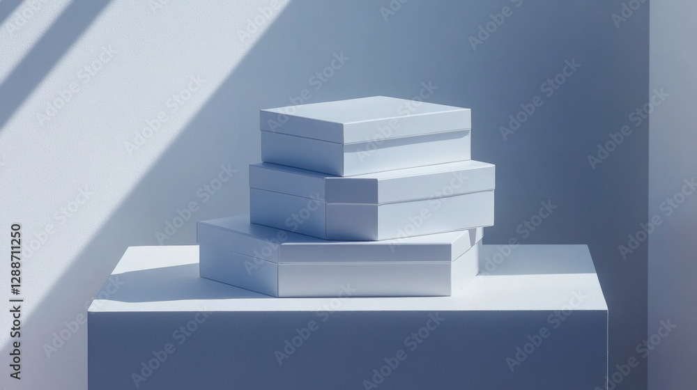 Fototapete A minimalist composition featuring stacked white boxes on a light surface, illuminated by soft shadows, creating a serene and modern aesthetic