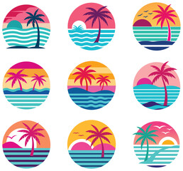 Obraz premium set of retro vintage neon sunset palm tree silhouette vector illustration, retro vintage vector illustration 