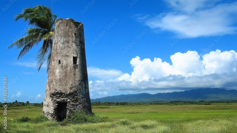 Poster a weathered tower stands in a lush green field under a bright blue sky, with scattered clouds and di