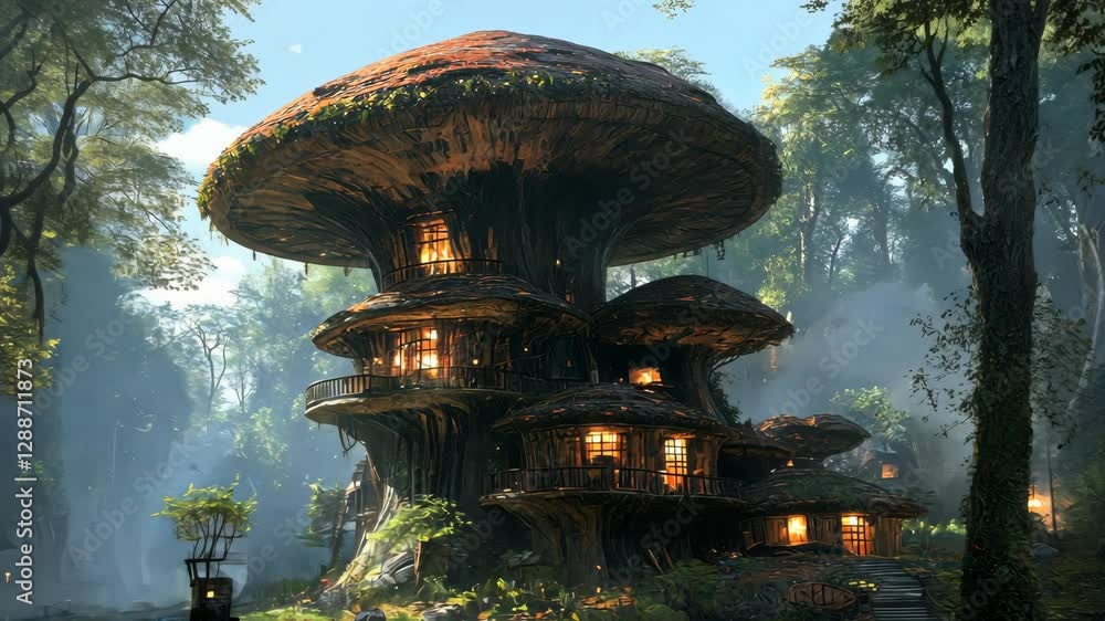 Aufkleber unique treehouse village with large mushroom structures nestled in a lush forest creating a magical 