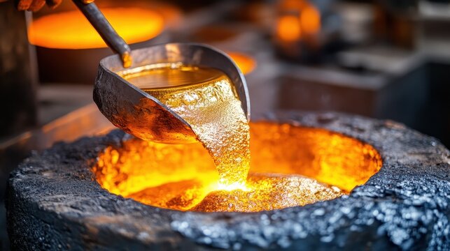 Molten Metal Pouring into Casting Mold in Industrial Workshop Setting