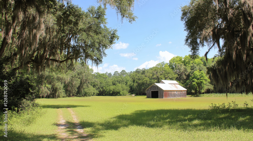 Poster a serene landscape featuring a rustic barn surrounded by green fields and trees under a bright blue 