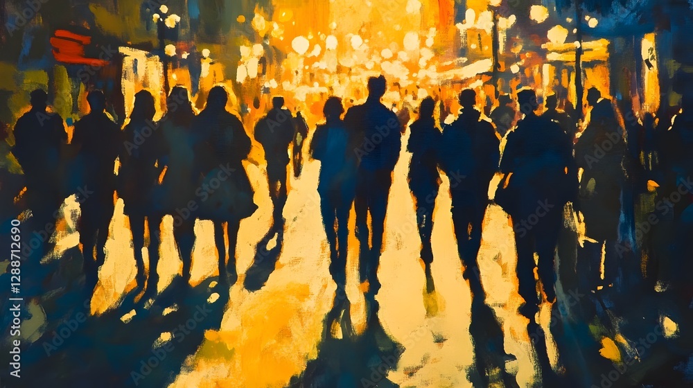 Poster vibrant silhouetted crowd of anonymous commuters walking on an illuminated city street at night crea