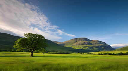 Solitary Tree in Green Field with Mountain Background