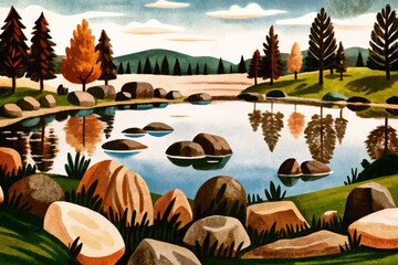 beautiful green field hill landscape with lake and stones abstract cartoon illustration