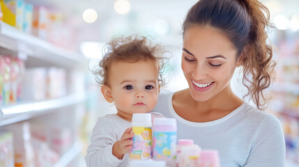 Mother and child shopping for baby products in store aisle