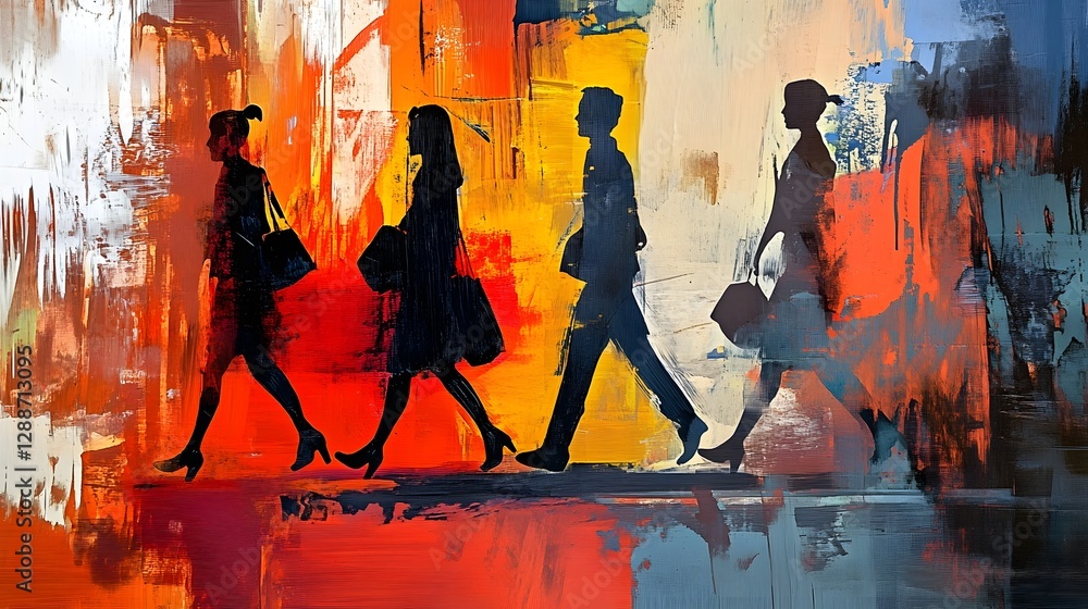 Poster vibrant silhouetted figures moving through an abstract colorful urban landscape the shapes and shado