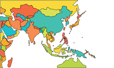 Asia map isolated on white background.Colored subregions of the Asian continent. Central, East, North, South, Southeast and Western Asia. Illustration. Vector.