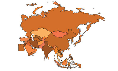 Asia map isolated on white background.Colored subregions of the Asian continent. Central, East, North, South, Southeast and Western Asia. Illustration. Vector.