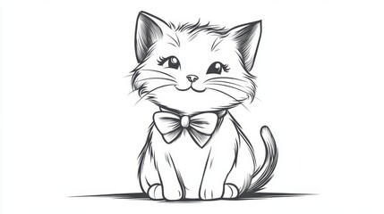 Obraz premium Playful baby cat in bowtie cozy living room line art illustration warm environment close-up view adorable concept