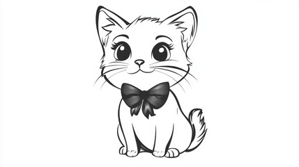 Obraz premium Playful kitten in a bowtie cozy home line art illustration whimsical setting close-up view adorable cat concept