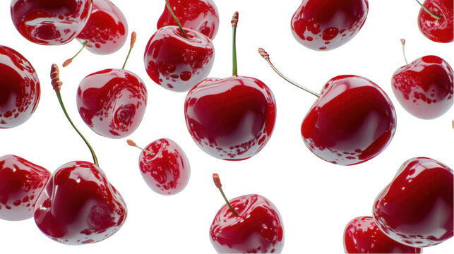 A vibrant collection of glossy red cherries scattered against a dark background, highlighting their freshness
