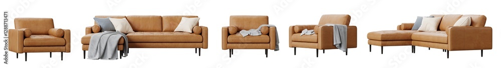 Poster Leather sofa and armchair set isolated on transparent background. 3D render. 3D illustration.