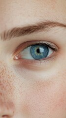 Obraz premium Macro photography of a blue eye showcasing the intricate details of the iris, pupil, surrounding skin, and eyebrow, highlighting natural beauty and vision health