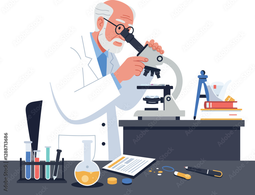 Poster scientist examining samples with microscope in flat style vector art