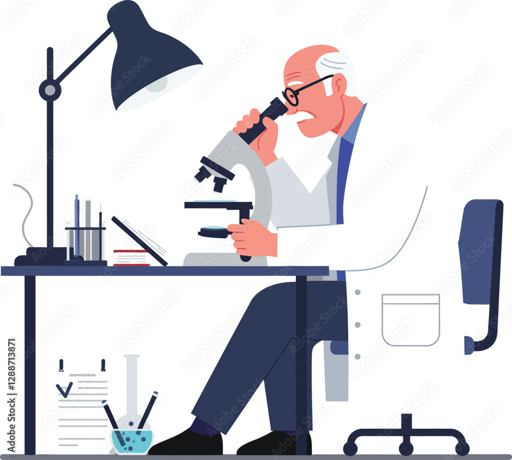 Poster scientist examining samples with microscope in minimal flat design vector art