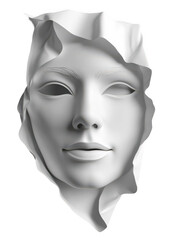 Abstract white face emerging from crumpled material, symbolizing transformation and identity