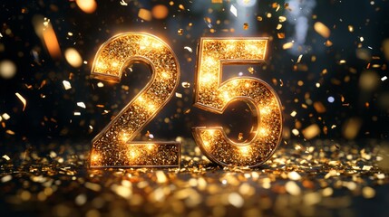 Glowing number 25 with golden glitter and confetti in the background, celebrating anniversary. Festive milestone and celebration concept