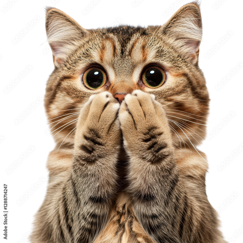 Poster cat with mouth open and eyes wide displaying surprise or curiosity in indoor setting isolated on tra