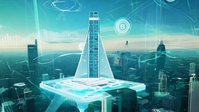 A futuristic skyscraper with glowing digital data overlays and dynamic information, set against a modern city skyline.

