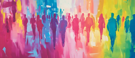 Vibrant silhouettes of diverse individuals in a dynamic colorful urban crowd representing a modern progressive and technology driven community
