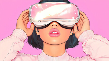 Naklejka premium Futuristic virtual reality experience with stylish woman wearing vr headset on pink background. Modern Technologies in education. Project-Based Learning. 