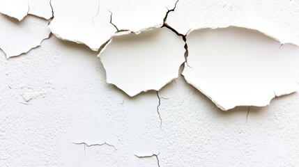 Naklejka premium A close-up of a cracked and peeling white wall, showcasing the texture and deterioration of the surface.