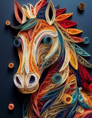 Colorful quilled paper horse portrait, vibrant feathered mane, intricate paper art, autumn colors, textured background