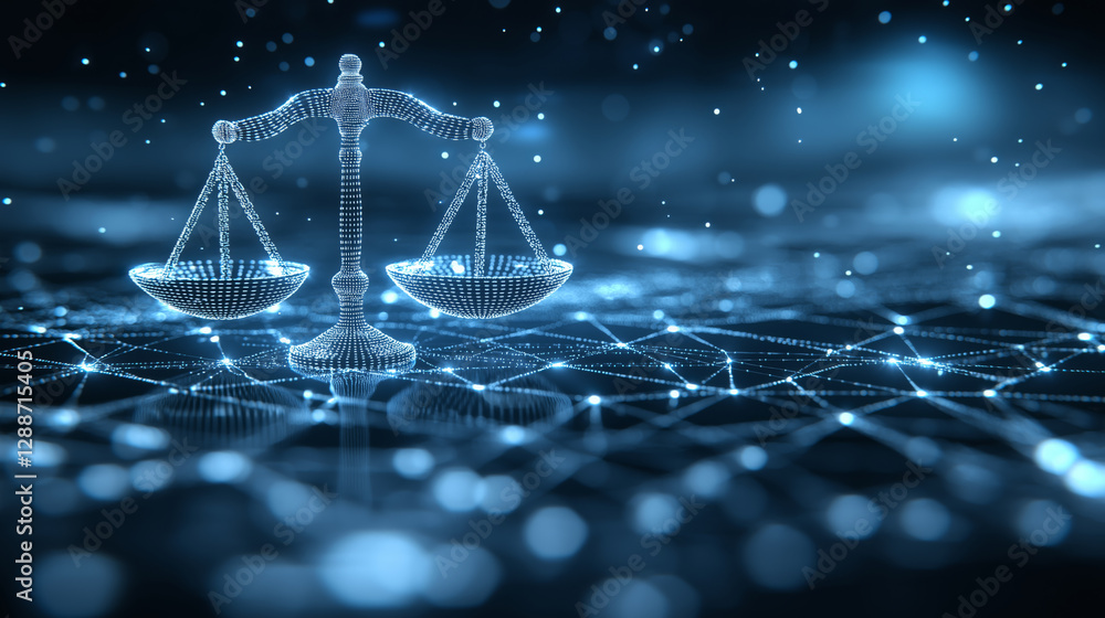 Poster digital representation of justice scales, glowing in networked environment, symbolizes intersection 