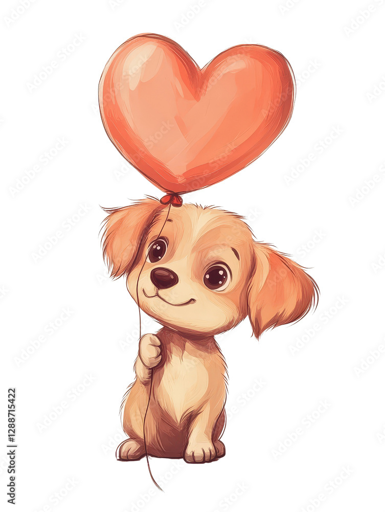Poster puppy with heart balloon on head in playful and colorful setting with soft background isolated on tr