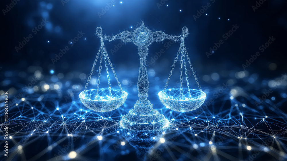 Poster digital representation of justice scales made of interconnected glowing lines symbolizes balance bet