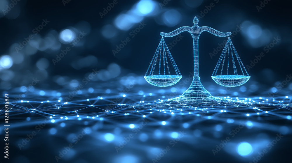 Poster digital representation of justice scales on network background symbolizes intersection of technology