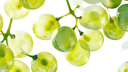Close-up of fresh green grapes hanging on a vine, showcasing their glossy texture and vibrant color