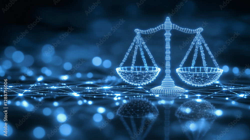 Aufkleber digital representation of justice scales glowing in networked environment symbolizes intersection of
