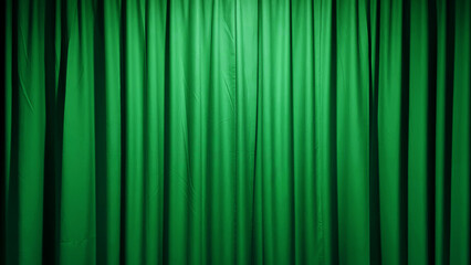 A luxurious, textured green fabric curtain, draped in soft folds and illuminated with a subtle...
